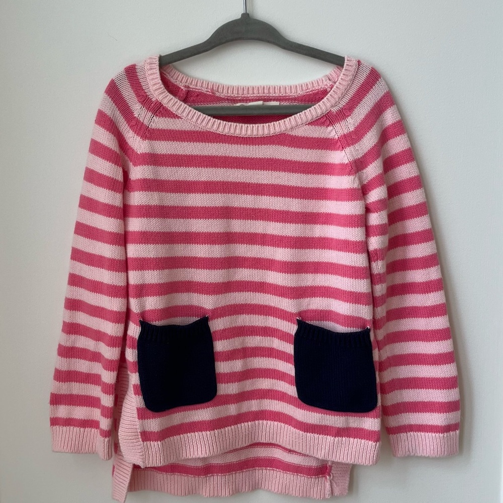 Tucker And Tate Girls Pink Striped Cotton Sweater With Navy Pockets Size 3 Years